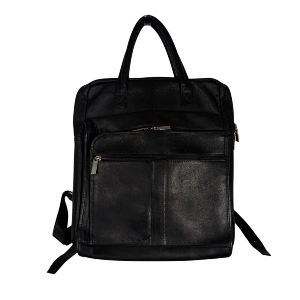 Unbranded Black Genuine Leather Laptop Backpack Briefcase Convertible Travel Bag